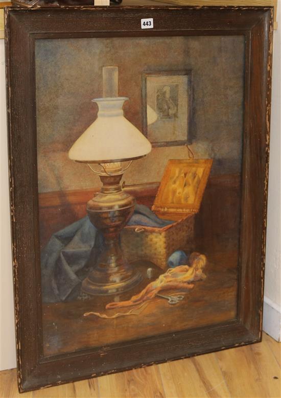 Eleanor Winter (early 20th century), watercolour, still life with an oil lamp and sewing box, 75cm x 55cm